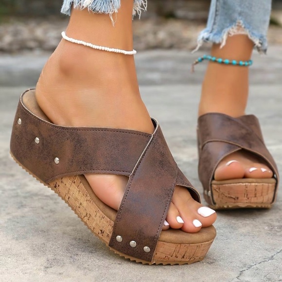 Shoes - New Platform Wedge Brown Faux Suede Leather Studded Sandals- Price Firm!